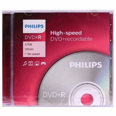 Диск DVD+R (плюс) PHILIPS, 4,7 Гб, 4x, Slim Case (1 штука), DR4S6S01F/97 - фото 1