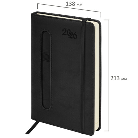 Ежедневник датированный 2026, А5, 138x213 мм, BRAUBERG "Optimal", под кожу, резинка, держатель для ручки, черный, 117465 - фото 2