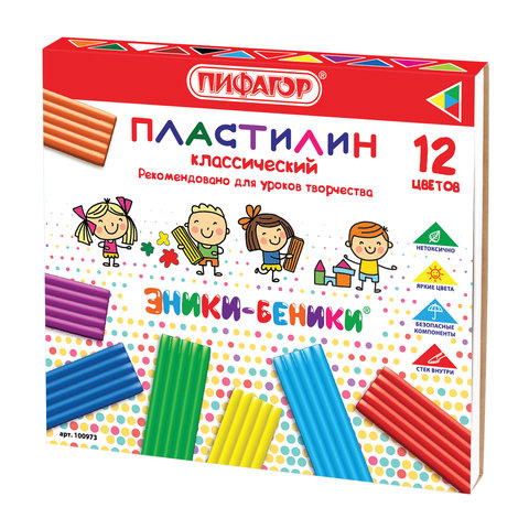 Пластилин классический ПИФАГОР "ЭНИКИ-БЕНИКИ", 12 цветов, 240 г, со стеком, картонная упаковка, 100973 - фото 1