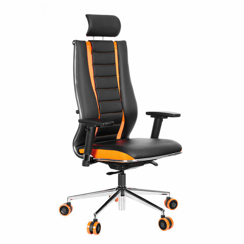 Кресло компьютерное МЕТТА "ErgoLife" 10 B2-160D, 2D-подголовник, экокожа/сетка, черное/оранжевое - фото 2