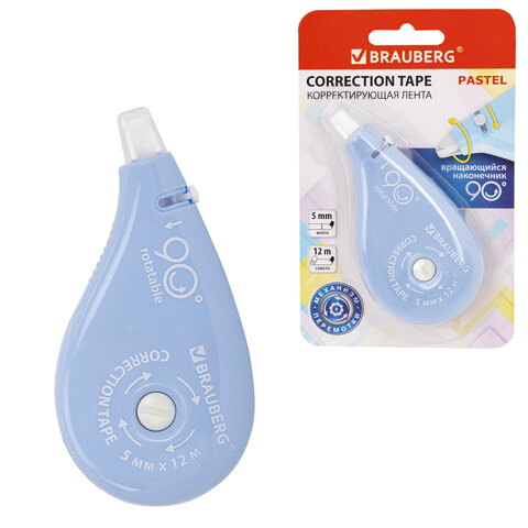 Корректирующая лента BRAUBERG PASTEL 5 мм х 12 м, вращающийся наконечник 90°, механизм перемотки, корпус голубой, блистер, 272488 - фото 1