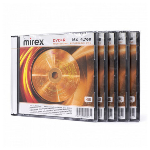 Диск DVD+R (плюс) MIREX, 4,7 ГБ, 16x, Slim Case, КОМПЛЕКТ 5 шт., UL130013A1F - фото 2