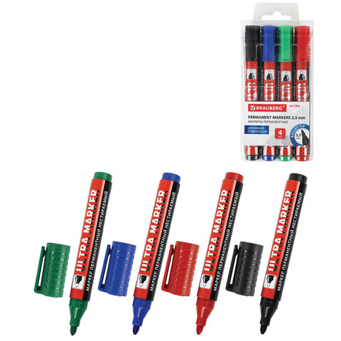Маркеры перманентные BRAUBERG ULTRA MARKER, НАБОР 4 ЦВЕТА, круглый наконечник 3,5 мм, 152208 - фото 1