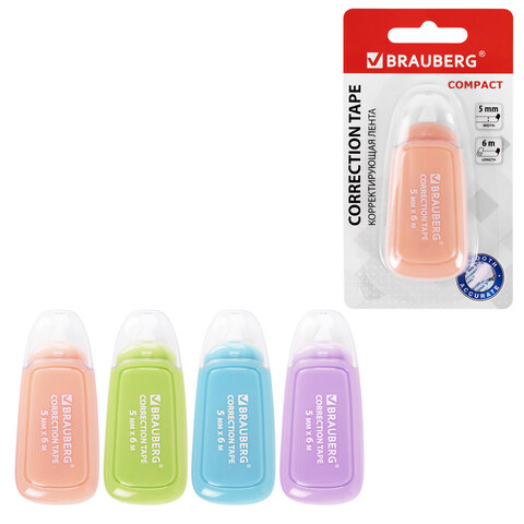 Корректирующая лента BRAUBERG COMPACT PLUS PASTEL, 5 мм х 6 м, корпус ассорти, блистер, 270551 - фото 1