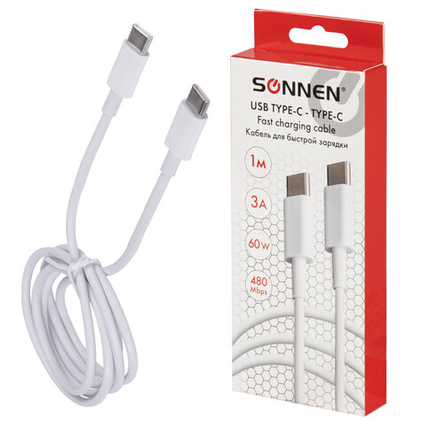Кабель USB Type-C-Type-C с поддержкой быстрой зарядки, белый, 1 м, SONNEN, медный, 513613 - фото 1