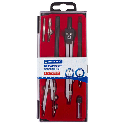 Готовальня BRAUBERG "Architect", 7 предметов: циркуль + кронциркуль с рейсфедором, рейсфедер + держатель, 2 вставки, грифель, 210346 - фото 7
