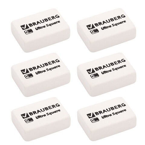 Ластики BRAUBERG "Ultra Square" 6 шт., размер ластика 29х18х8 мм, белые, натуральный каучук, 229603 - фото 2