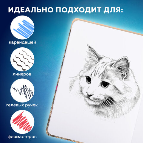 Скетчбук, белая бумага 160 г/м, 145х203 мм, 64 л., резинка, твердый, BRAUBERG ART CLASSIC "Это Кот", 114589 - фото 12