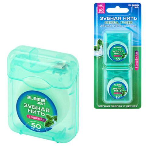 Зубная нить вощеная 100 м (2 шт. х 50 м), мягкая забота о деснах, ВКУС МЯТЫ, LAIMA DENT, 609414 - фото 1