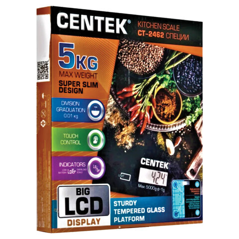 Весы кухонные CENTEK CT-2462 "Специи", электронный дисплей, max вес 5 кг, тарокомпенсация, стекло, CT-2462 Специи - фото 5