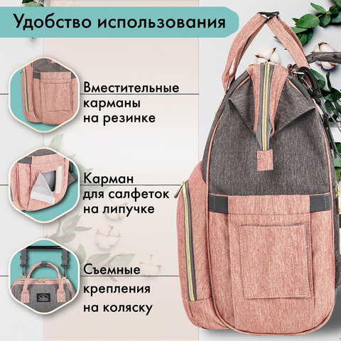 Рюкзак для мамы BRAUBERG MOMMY с ковриком, крепления на коляску, термокарманы, серый/розовый, 40x26x17 см, 270821 - фото 15