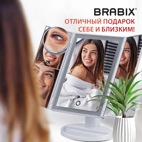 Зеркало настольное с LED-подсветкой для макияжа, размер 24х18 см, складное, увеличение х2, х3, х10, белое, BRABIX, 609337 - фото 20