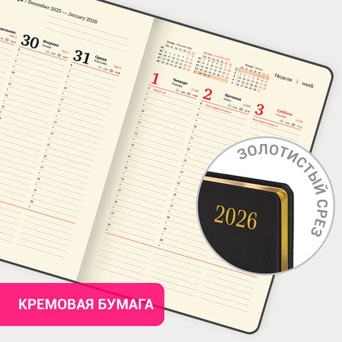 Еженедельник датированный 2026, БОЛЬШОЙ ФОРМАТ 210х297 мм, А4, BRAUBERG "Iguana", под кожу, черный, 117153 - фото 14