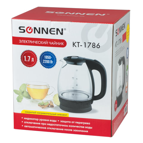Чайник SONNEN KT-1786, 1,7 л, 2200 Вт, закрытый нагревательный элемент, стекло, 453422 - фото 8