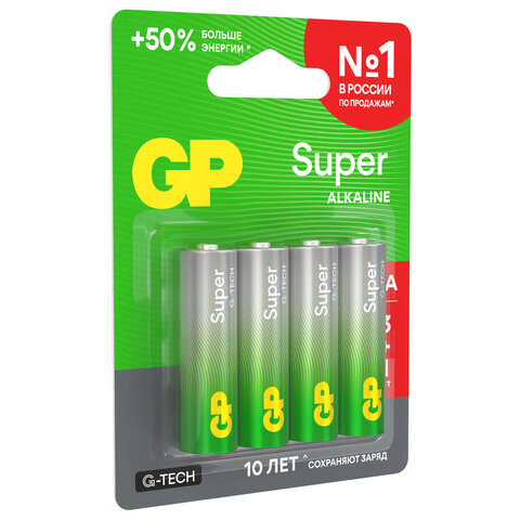 Батарейки КОМПЛЕКТ 4 шт., GP Super G-Tech, AA (LR6,15А), алкалиновые, пальчиковые, ПРОМО 3+1, 15A3/1-2CR4 - фото 5