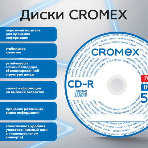 Диски CD-R в конверте КОМПЛЕКТ 50 шт., 700 Mb, 52x, CROMEX (КРОМЕКС), 513797 - фото 7