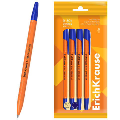 Ручки шариковые ERICH KRAUSE R-301 "Stick Orange", СИНИЕ, набор 8 штук, 0,7 мм, 56614 - фото 1
