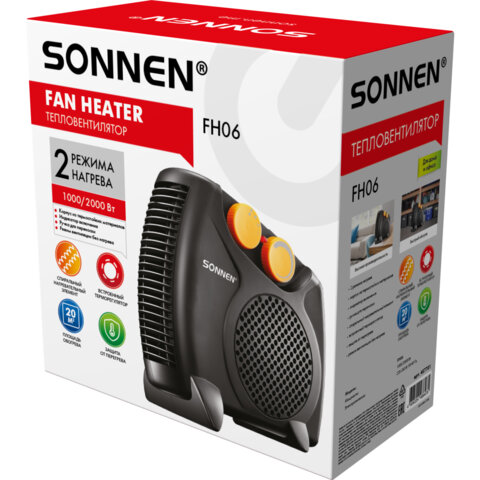 Тепловентилятор SONNEN FH06, 1000/2000 Вт, 2 режима нагрева, режим вентиляции, черный/оранжевый, 457781 - фото 9