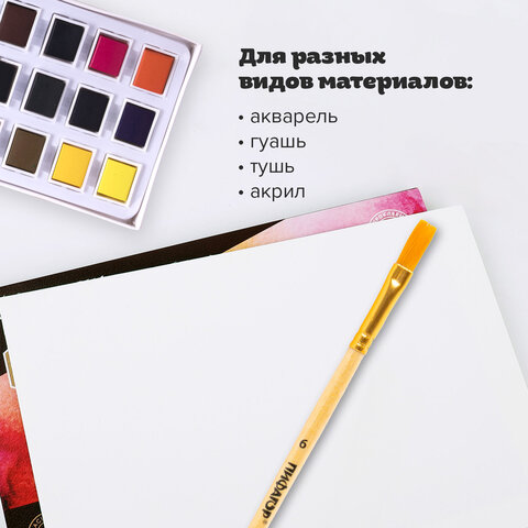 Кисть ПИФАГОР, СИНТЕТИКА, плоская, № 6, деревянная лакированная ручка, с колпачком, пакет с подвесом, 200859 - фото 8