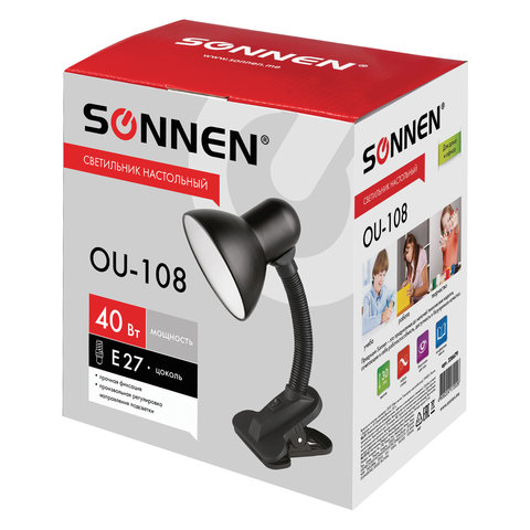 Настольная лампа-светильник SONNEN OU-108, на прищепке, цоколь Е27, черный, 236679 - фото 8