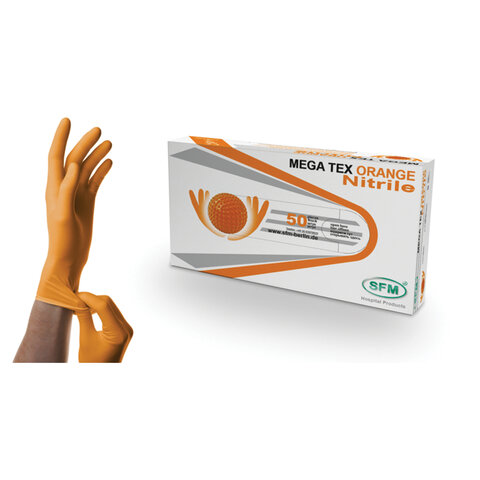 Перчатки нитриловые сверхпрочные с текстурой SFM MEGA TEX ORANGE, Германия, 25 пар (50 штук), размер L (большой), 4036534914205 - фото 1