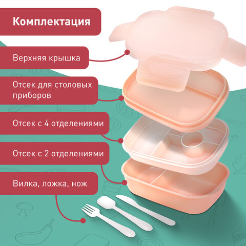 Ланч-бокс контейнер, 3 секции, 8 отделений, 1,9 л, ложка, вилка, нож, 10х21х14 см, персиковый, JOYLUX (ДЖОЙЛЮКС), 609351 - фото 11