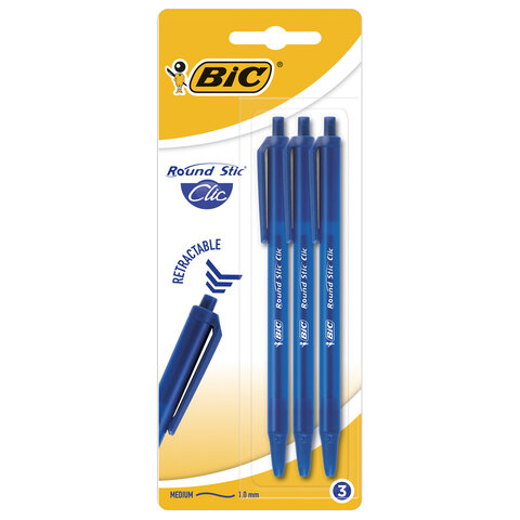Ручки шариковые автоматические BIC "Round Stic Clic", НАБОР 3 шт., СИНИЕ, линия письма 0,32 мм, блистер, 926374 - фото 1