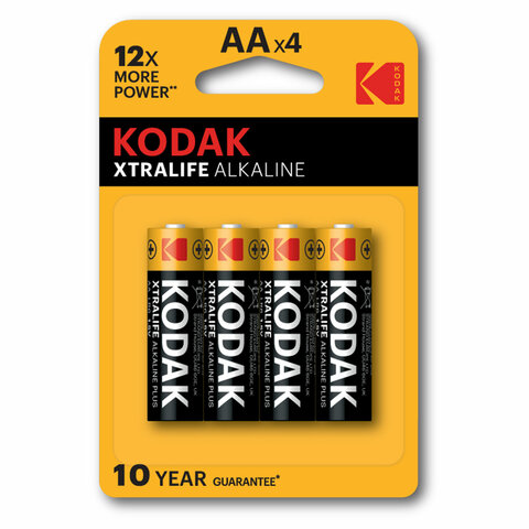 Батарейки алкалиновые "пальчиковые" КОМПЛЕКТ 4 шт., KODAK Xtralife Alkaline, АА (LR6, 24А), блистер, Б0014328 - фото 1