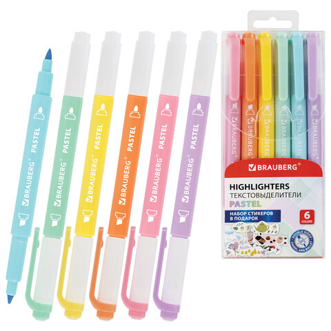 Набор текстовыделителей двусторонних 6 ПАСТЕЛЬНЫХ ЦВЕТОВ, BRAUBERG "TWIN PASTEL", линия 1-5 мм, 152518 - фото 1