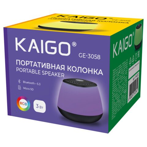 Колонка портативная KAIGO (КАЙГО) GE-3058, 3 Вт, Bluetooth, Micro SD, RGB, 514222 - фото 2