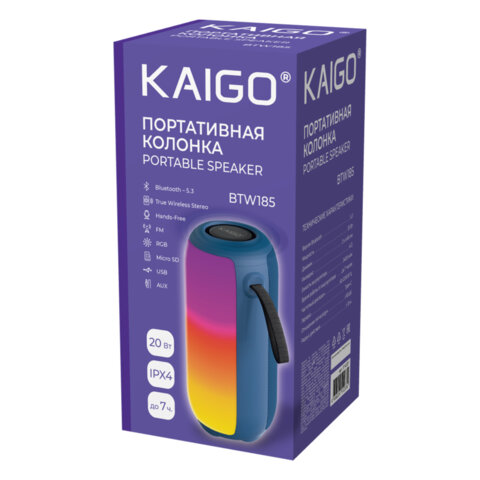 Колонка портативная влагозащищенная KAIGO (КАЙГО) BTW185, 20 Вт, Bluetooth, USB, Micro SD, AUX, RGB, TWS, FM, синяя, 514221 - фото 7