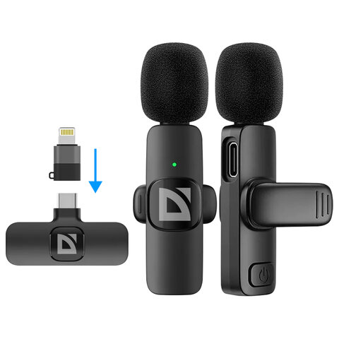 Микрофон беспроводной петличный DEFENDER Talky-138, 64 дБ, 2 микрофона, адаптер, черный, 64152 - фото 1