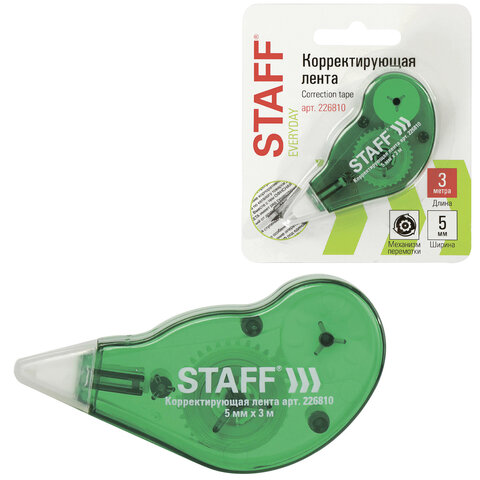 Корректирующая лента STAFF EVERYDAY, 5 мм х 3 м, корпус зеленый, механизм перемотки, блистер, 226810 - фото 1
