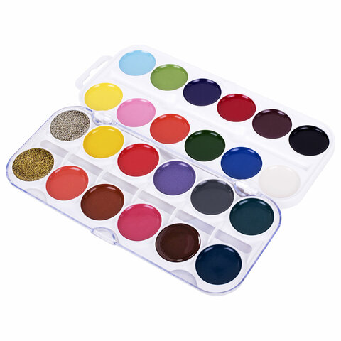 Краски акварельные ЮНЛАНДИЯ "ЮНЫЙ ВОЛШЕБНИК", медовые, 22+2 цвета (золото+серебро), круглые кюветы, пластик, 192361 - фото 4