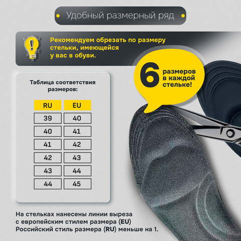 Стельки для обуви с ЭФФЕКТОМ ПАМЯТИ, материал MEMORY FOAM, размер RU 39-44 / EU 40-45, с линиями выреза, SHEGRA (ШЕГРА), 700745 - фото 17
