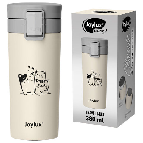 Термокружка 380 мл JOYLUX (ДЖОЙЛЮКС) CLASSIC CAT, нержавеющая сталь SUS304, бежевый с принтом, 700272 - фото 1