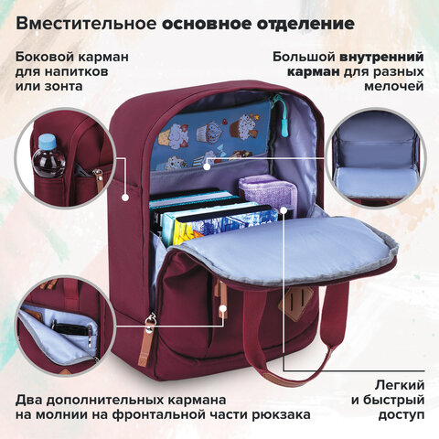 Рюкзак BRAUBERG FRIENDLY универсальный с длинными ручками, бордовый, 37х26х13 см, 270090 - фото 18