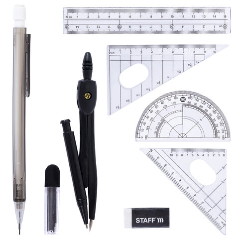 Готовальня STAFF "College" 9 предметов: циркуль 120 мм, чертежные принадлежности, механический карандаш, пластиковый пенал, 210863 - фото 2