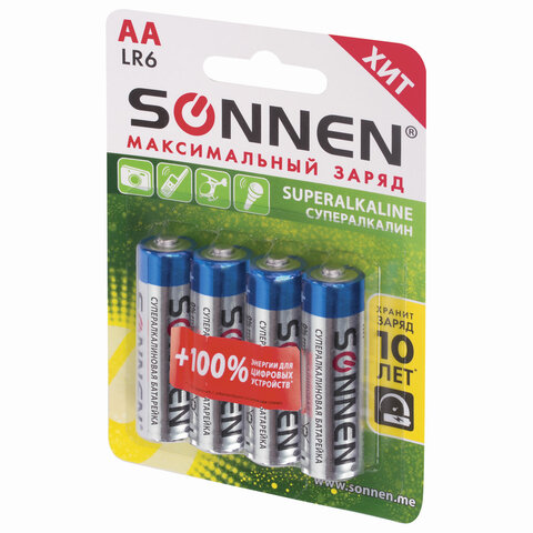 Батарейки КОМПЛЕКТ 4 шт., SONNEN Super Alkaline, АА (LR6,15А), алкалиновые, пальчиковые, блистер, 451094 - фото 4