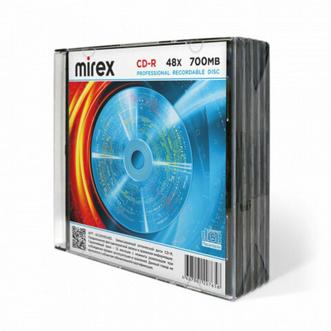 Диск CD-R MIREX, 700 Мб, 48x, Slim Case, КОМПЛЕКТ 5 шт., UL120051A8F - фото 1