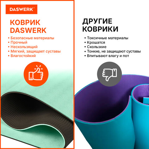 Коврик для йоги и фитнеса спортивный двухцветный, ТПЭ, 183x61x0,6 см, светло-зеленый/чёрный, DASWERK (ДАСВЕРК), 680031 - фото 10