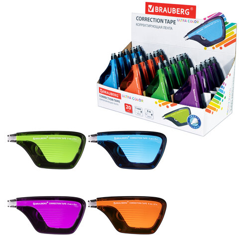 Корректирующая лента BRAUBERG ULTRA COLOR, 5 мм х 8 м, корпус ассорти, дисплей, 229065 - фото 1