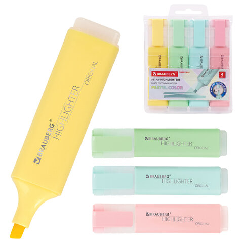 Набор текстовыделителей 4 ЦВЕТА, BRAUBERG "ORIGINAL PASTEL", линия письма 1-5 мм, 151697 - фото 1