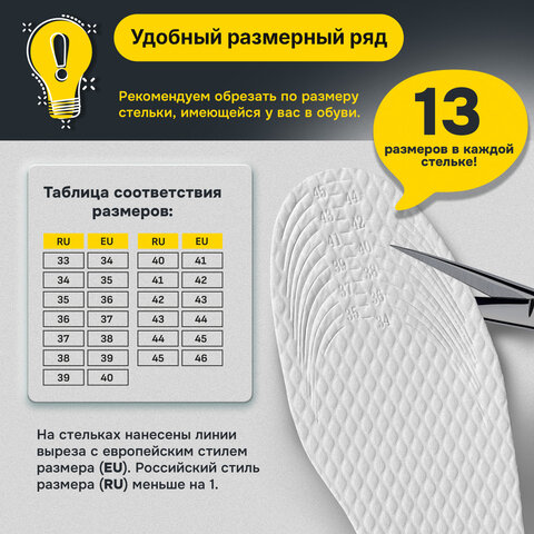 Стельки для обуви впитывающие от пота и запаха, КОМПЛЕКТ 5 пар, размер RU 33-45 / EU 34-46, с линиями выреза, SHEGRA (ШЕГРА), 700729 - фото 15