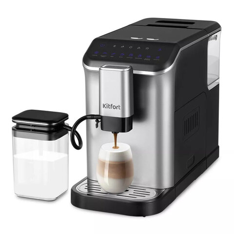Кофемашина KITFORT КТ-7166, 1350 Вт, объем 1,5 л, для зерен 200 г, автокапучинатор, серебристая - фото 1