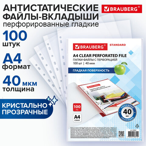 Папки-файлы перфорированные А4 BRAUBERG "STANDARD", КОМПЛЕКТ 100 шт., гладкие, 40 мкм, 229661 - фото 1