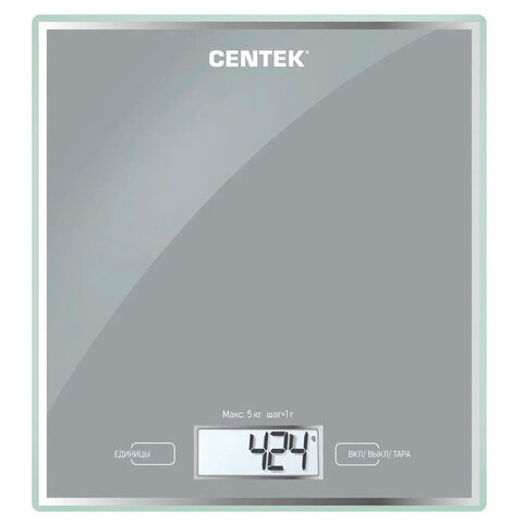 Весы кухонные CENTEK CT-2462 SILVER, электронный дисплей, max вес 5 кг, тарокомпенсация, стекло, CT-2462 Silver - фото 2