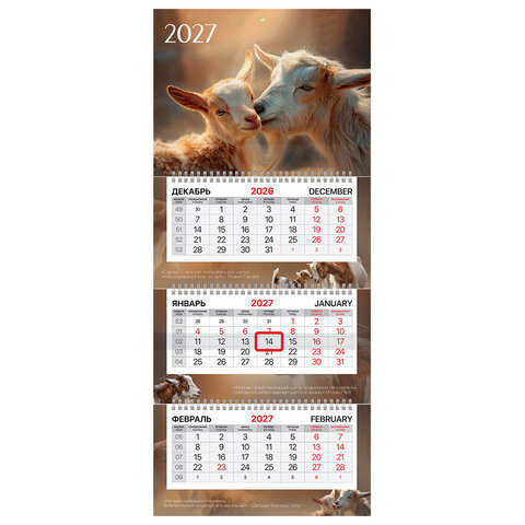 Календарь квартальный 2027 г., 3 блока, 3 гребня, бегунок, офсет, BRAUBERG EXTRA MINI, "Символ года", 118378 - фото 1