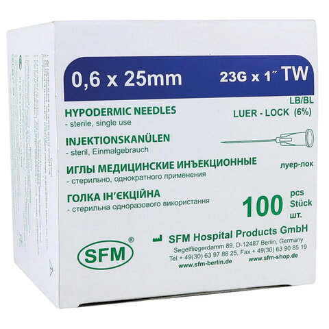Иглы инъекционные одноразовые SFM 0,60 х 25 - 23G, КОМПЛЕКТ 100 шт. - фото 3