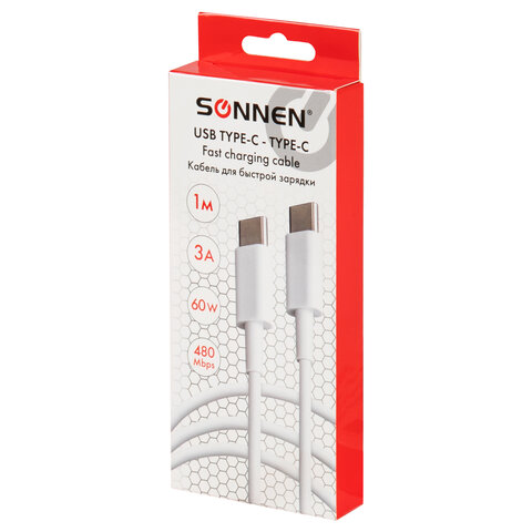 Кабель USB Type-C-Type-C с поддержкой быстрой зарядки, белый, 1 м, SONNEN, медный, 513613 - фото 1